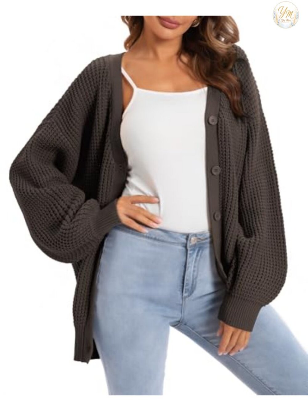 100% Cotton Oversized Cardigan Chunky Knit V-Neck Button Women's Sweater